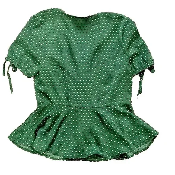 Who What Wear Sz M Shadow Green Polka Dot Tie Sleeve Button Peplum Womens Blouse - Picture 7 of 7